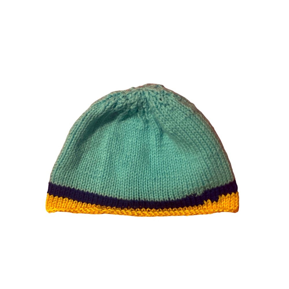 Turquoise crochet beanie with yellow and blue trim